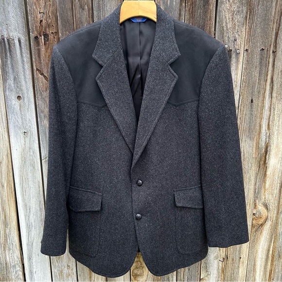 Pendleton Vintage Herringbone Tweed Wool Jacket Blazer Sport Coat Grey Black 42R